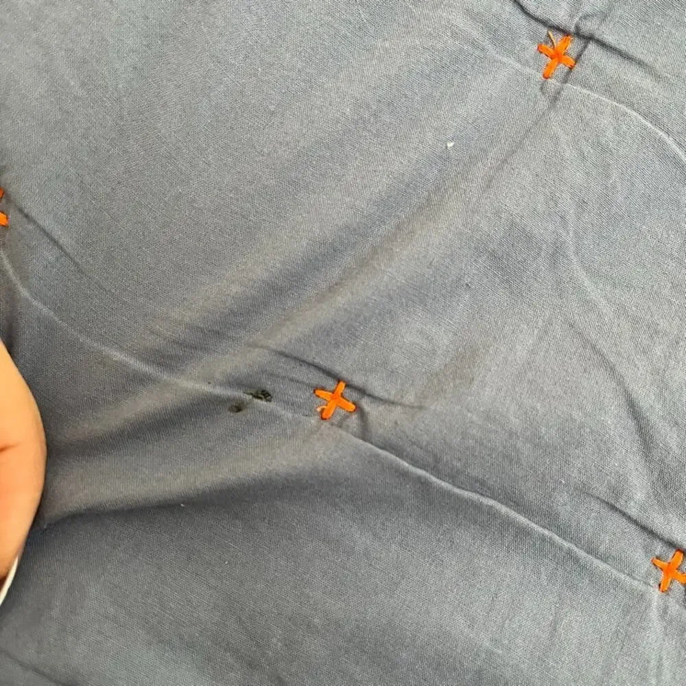Crate & Barrel Blue Chambray Twin Quilt 66x86 in Orange Accent Stitching
